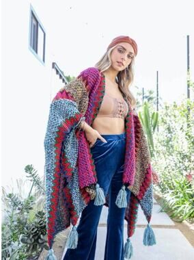 New!!! Leto Colorful Crochet Patterned Ruana Poncho Cozy Wrap Magenta OS